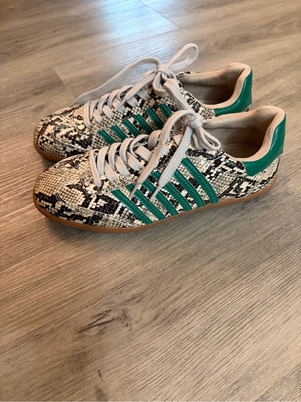 ShuShop Black and Cream Snakeskin Sneakers with Green Stripes
